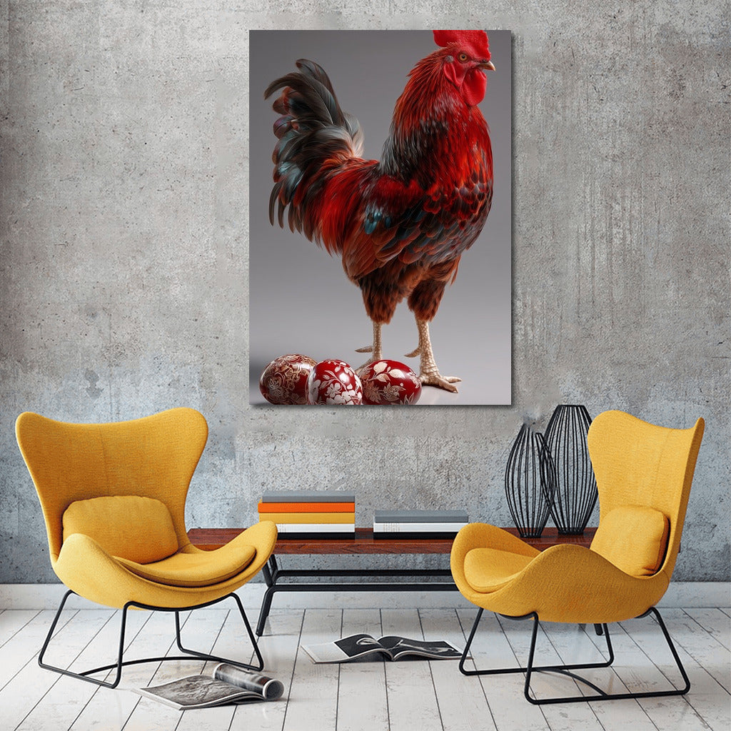 Colorful Rooster and Bright Easter Eggs