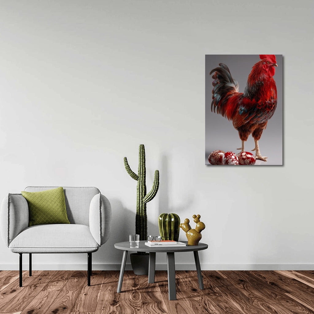 Colorful Rooster and Bright Easter Eggs