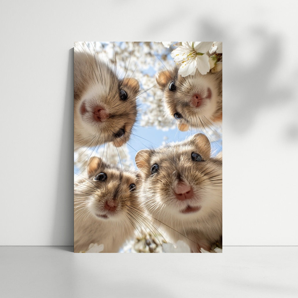 Spring Adventures: Four Syrian Hamsters Among Flowering Branches
