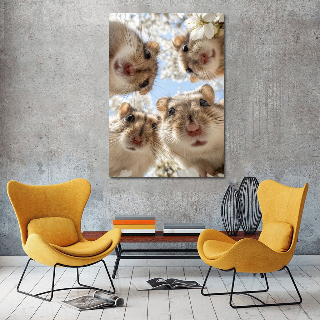 Spring Adventures: Four Syrian Hamsters Among Flowering Branches