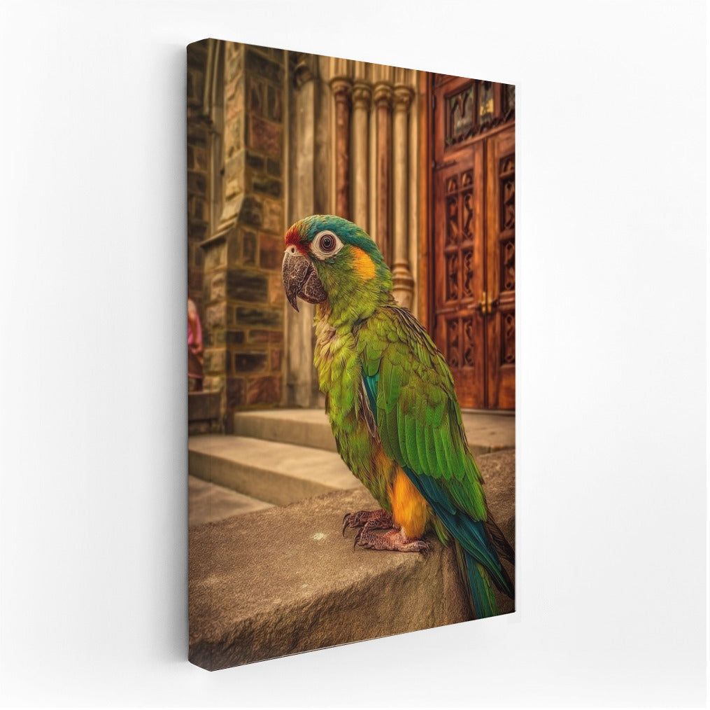 Exotic Macaw Against the Background of an Architectural Masterpiece