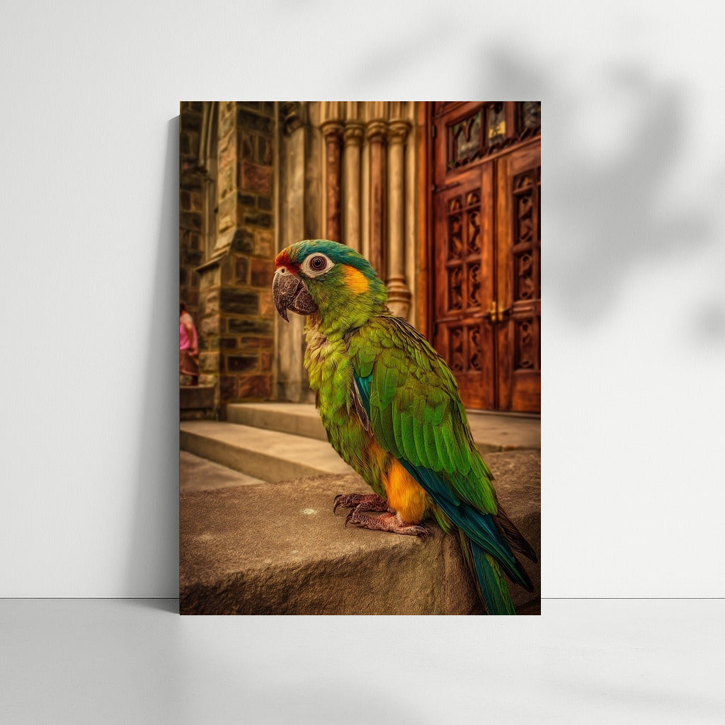 Exotic Macaw Against the Background of an Architectural Masterpiece