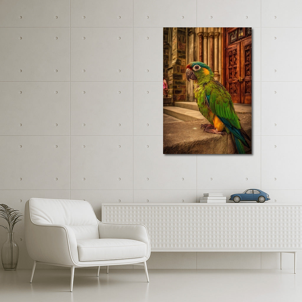 Exotic Macaw Against the Background of an Architectural Masterpiece