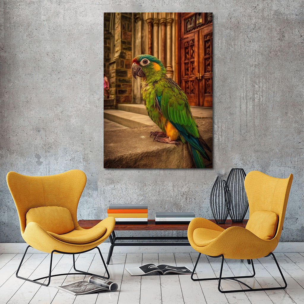 Exotic Macaw Against the Background of an Architectural Masterpiece