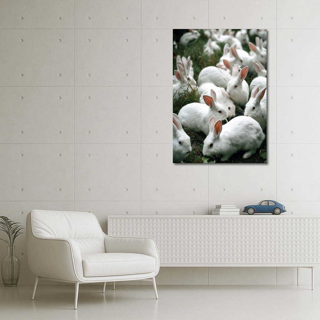 Snow-white rabbits on a green meadow: Comfort and Tranquility for Your Walls