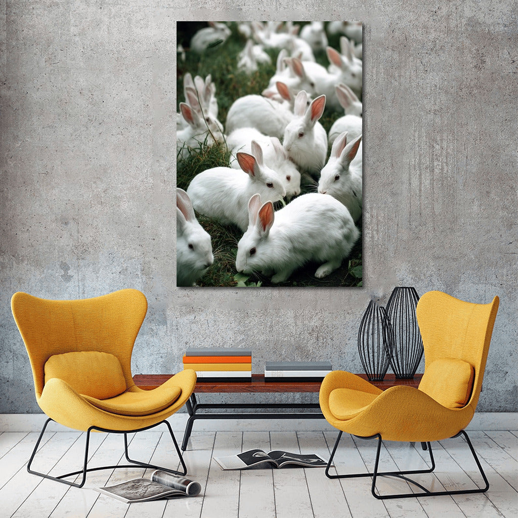 Snow-white rabbits on a green meadow: Comfort and Tranquility for Your Walls