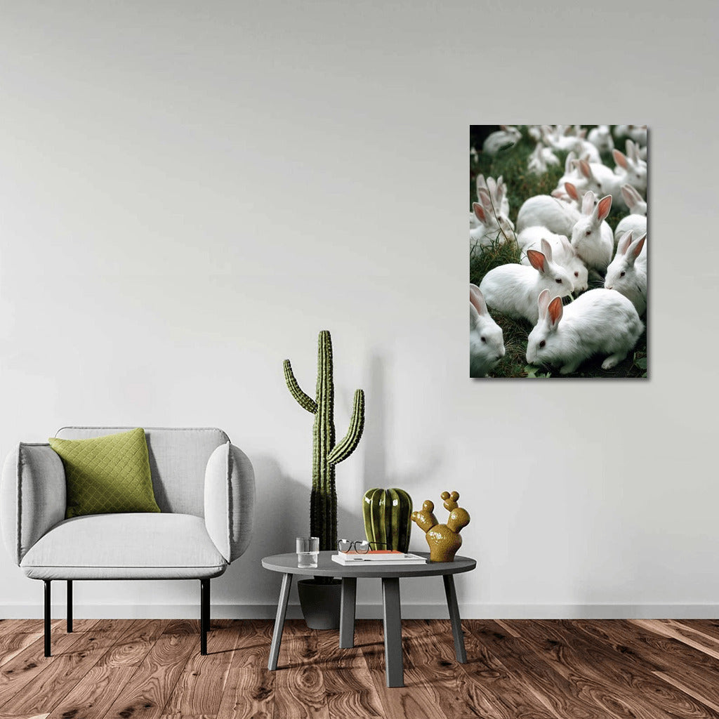 Snow-white rabbits on a green meadow: Comfort and Tranquility for Your Walls