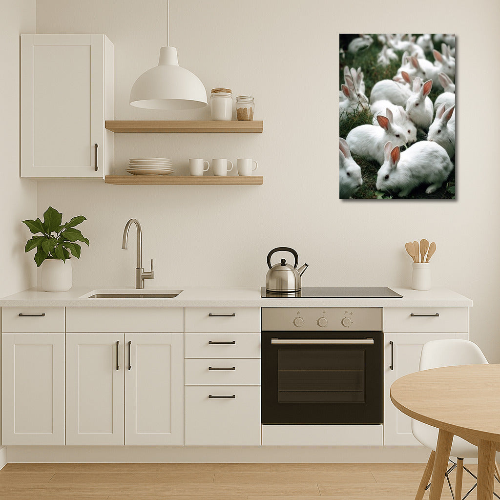 Snow-white rabbits on a green meadow: Comfort and Tranquility for Your Walls