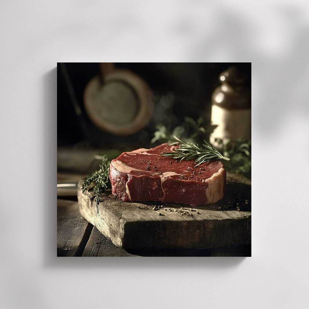 Juicy Steak on a Wooden Board: A Delicious Wall-Mounted Delight for Gourmets