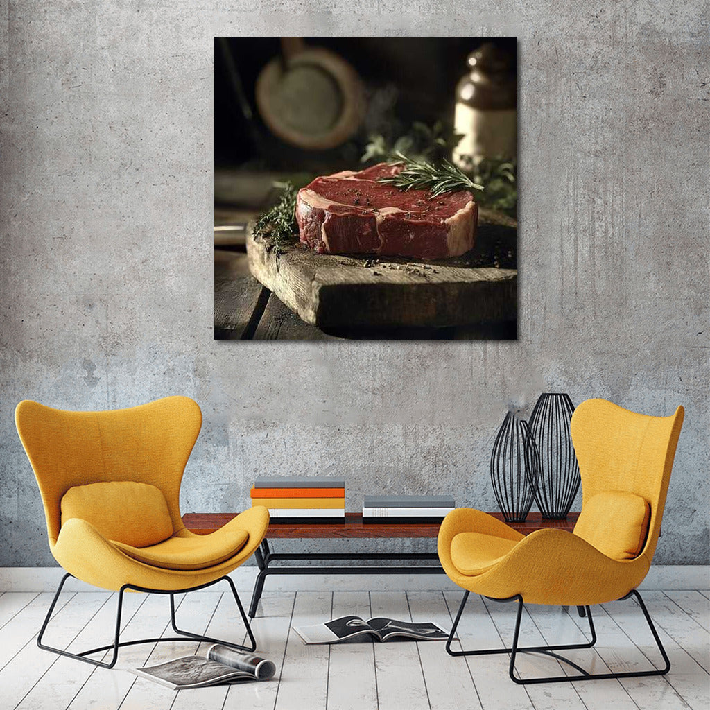 Juicy Steak on a Wooden Board: A Delicious Wall-Mounted Delight for Gourmets