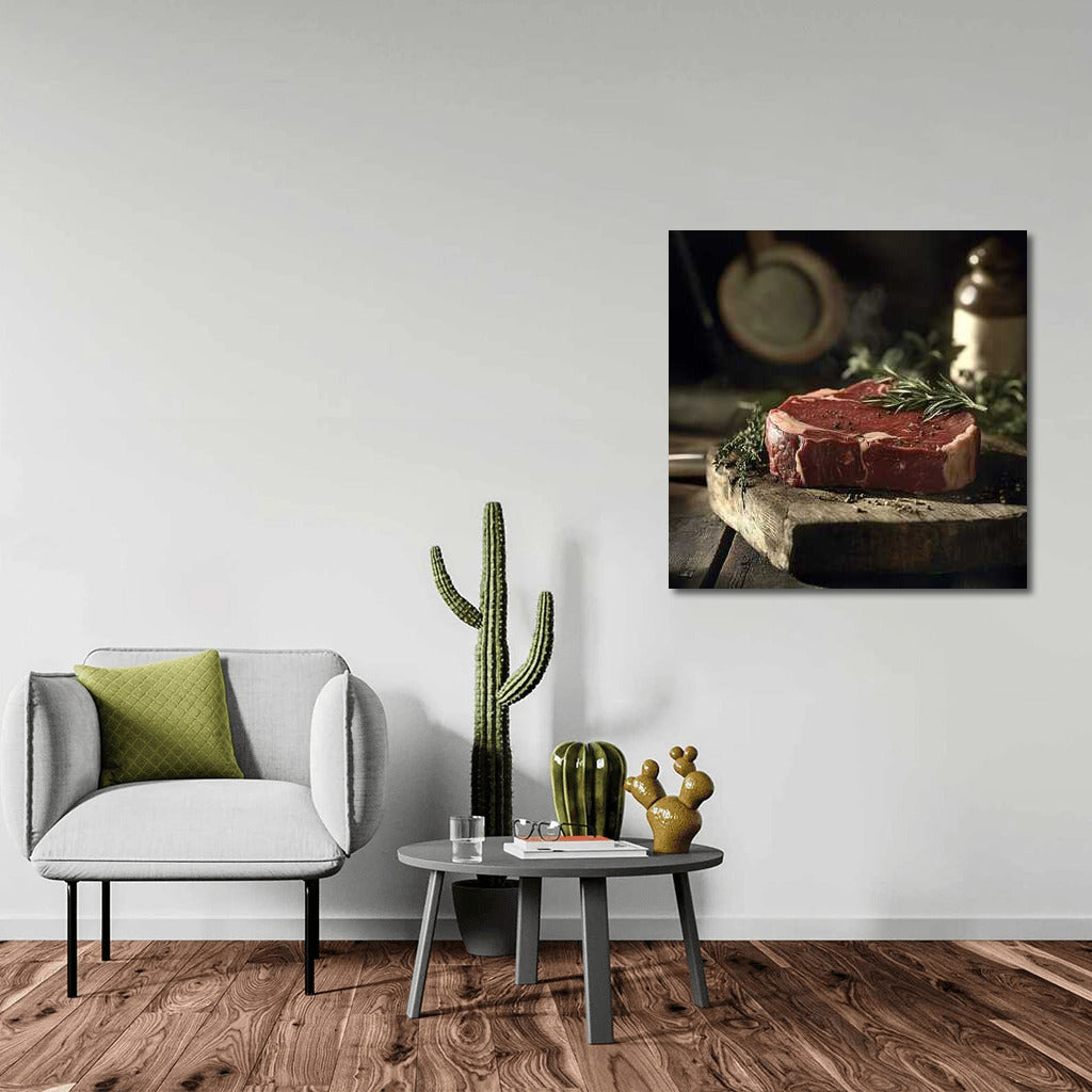 Juicy Steak on a Wooden Board: A Delicious Wall-Mounted Delight for Gourmets