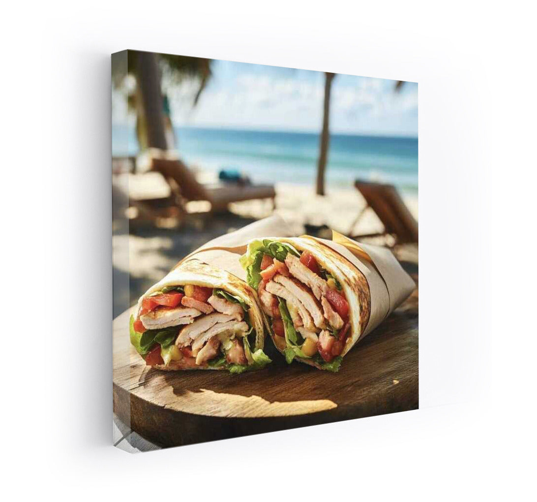 Chicken Burrito on the Sandy Beach: Juicy Food Photography Mood