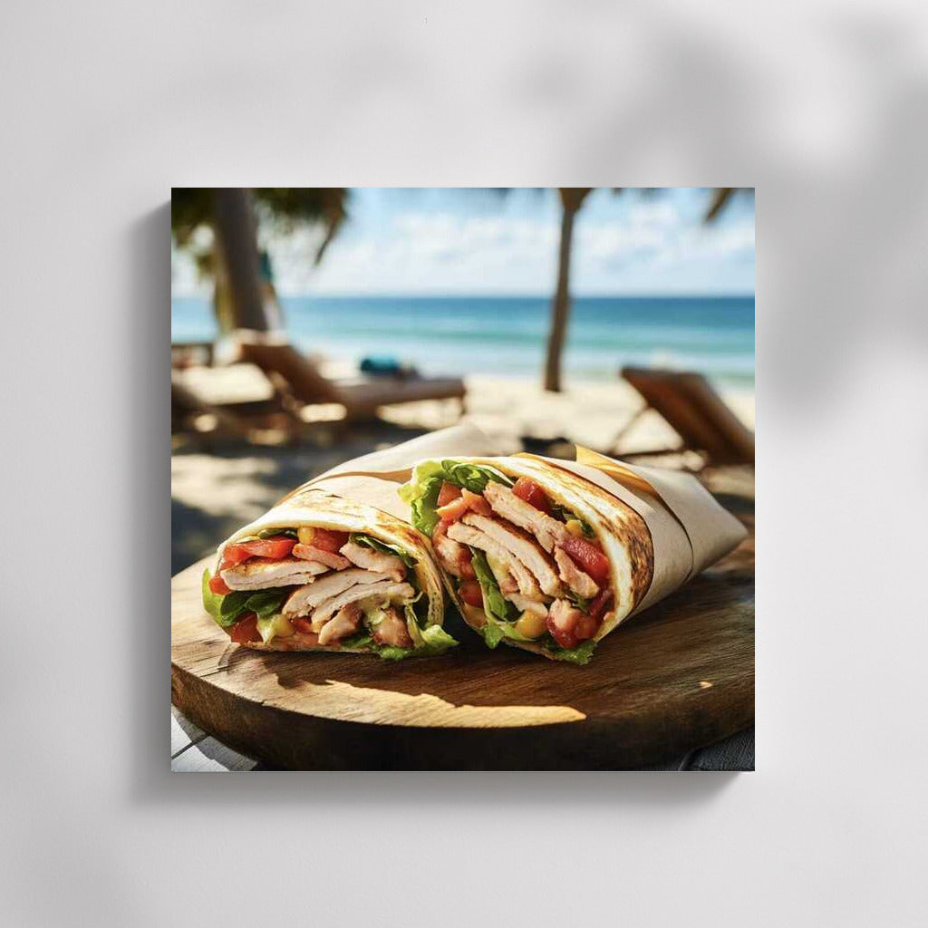 Chicken Burrito on the Sandy Beach: Juicy Food Photography Mood