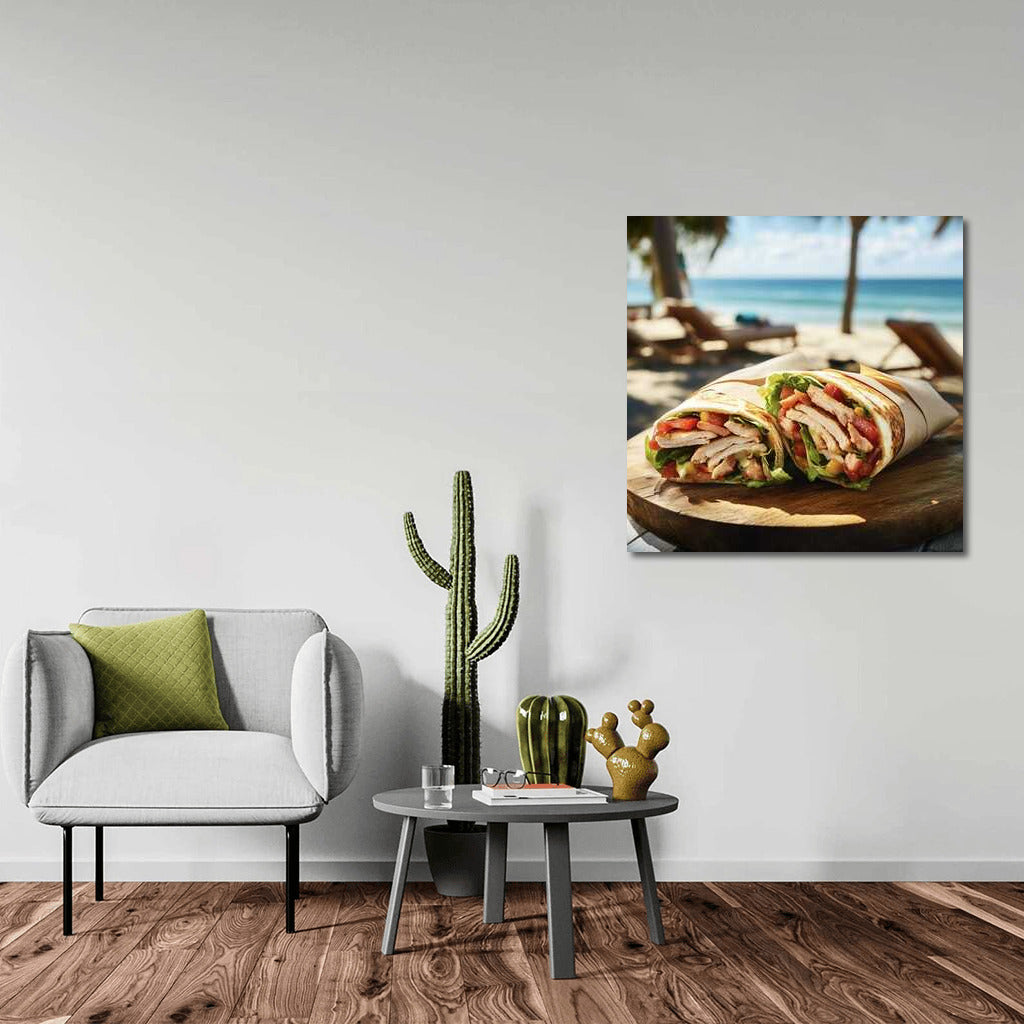 Chicken Burrito on the Sandy Beach: Juicy Food Photography Mood