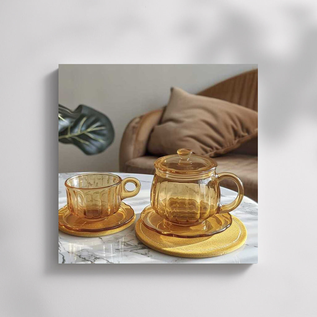 Sophisticated Comfort: Glass Tea Set with Lemon Tart