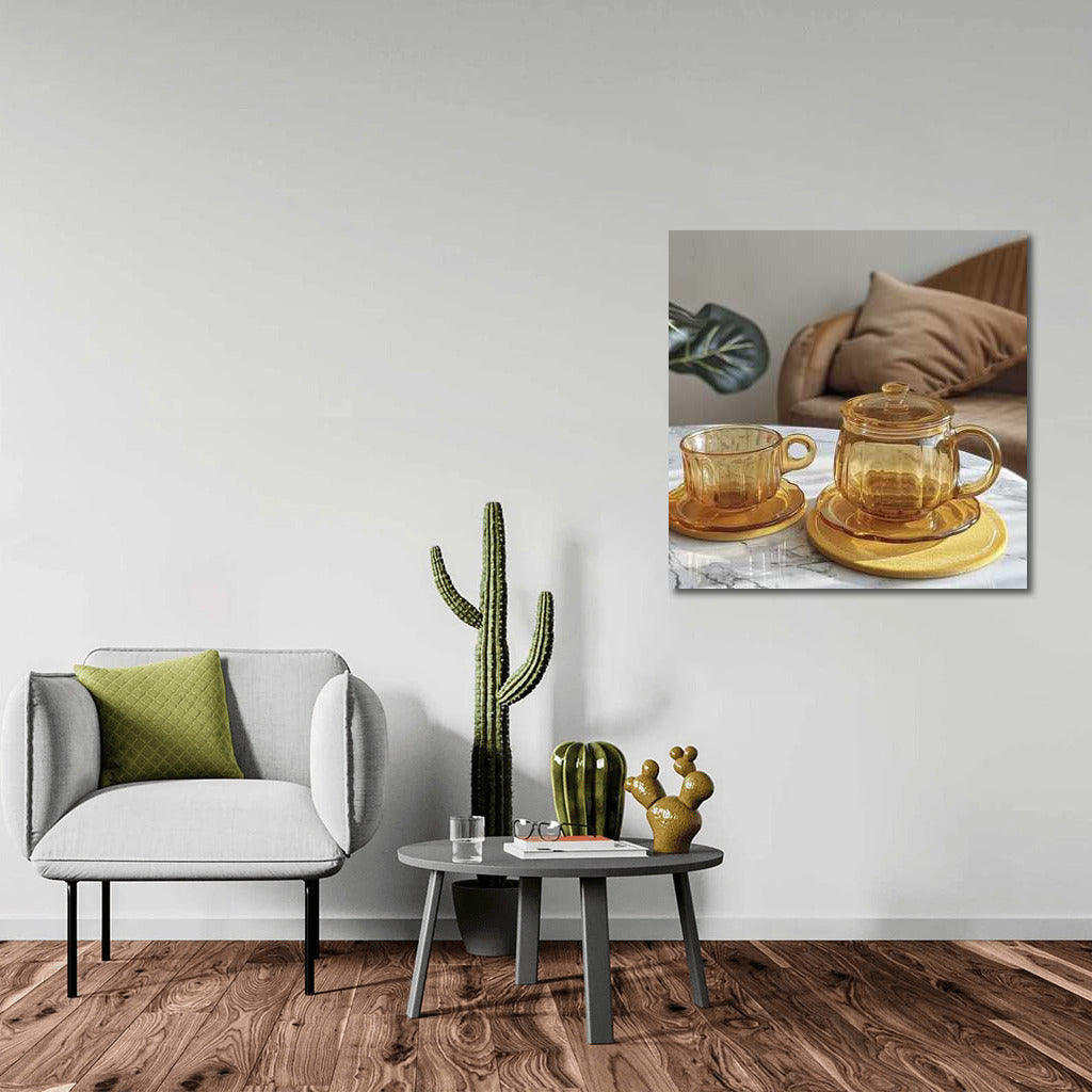 Sophisticated Comfort: Glass Tea Set with Lemon Tart