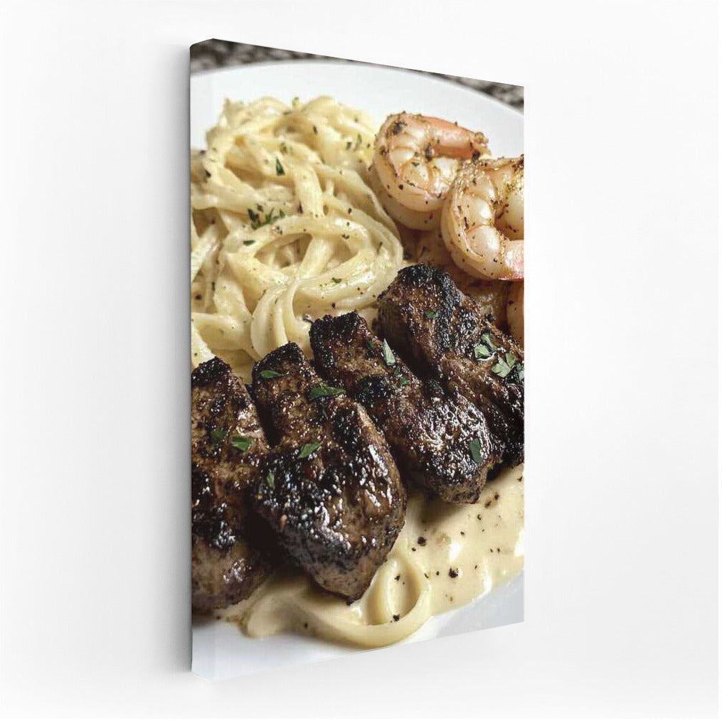 Gastronomic Symphony: Pasta Alfredo with Shrimp and Steak
