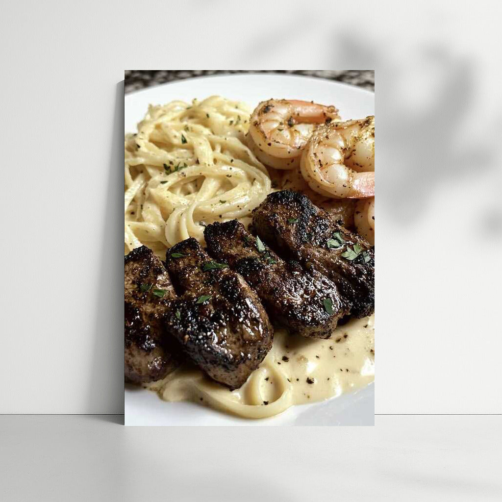 Gastronomic Symphony: Pasta Alfredo with Shrimp and Steak