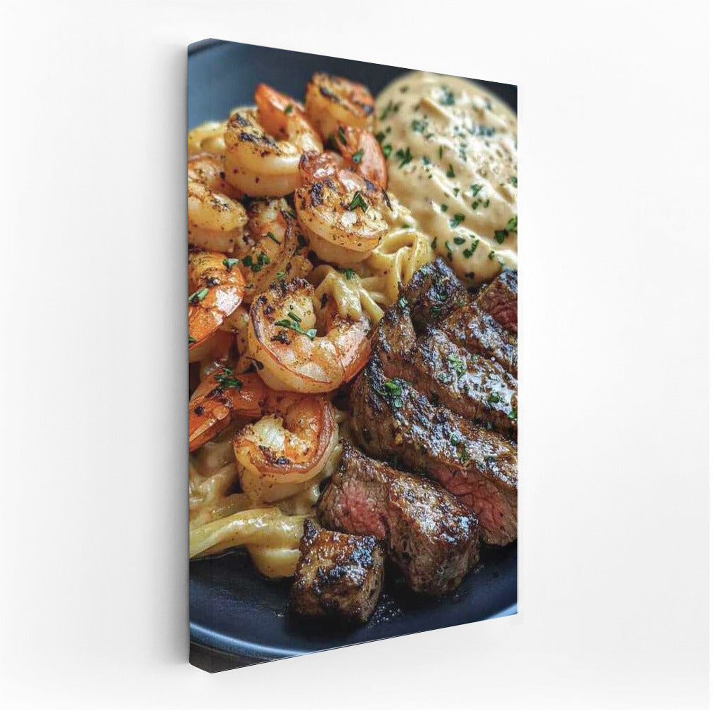 Gourmet Symphony: Shrimp, Steak and Pasta