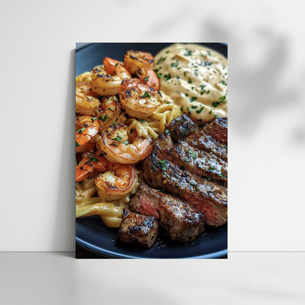 Gourmet Symphony: Shrimp, Steak and Pasta
