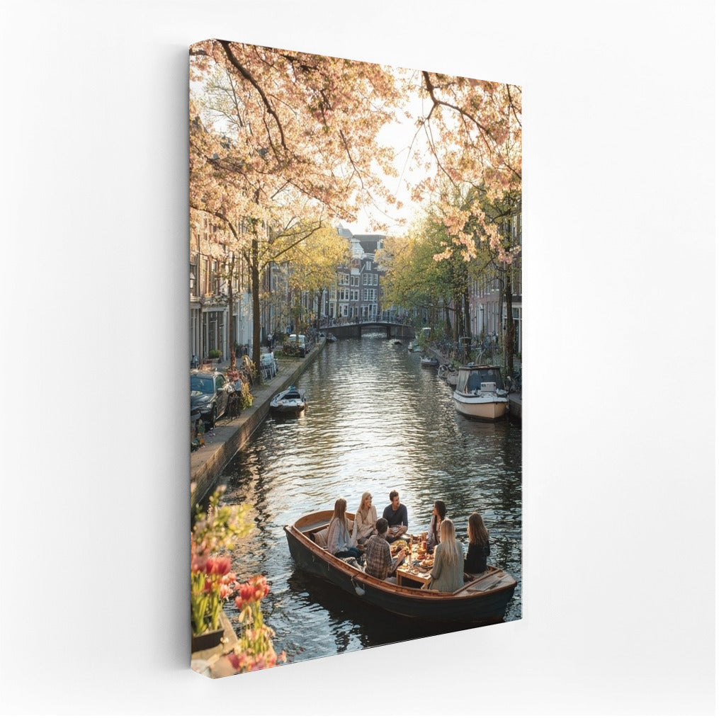 Amsterdam Canal in Spring: Blooming Trees and Boats