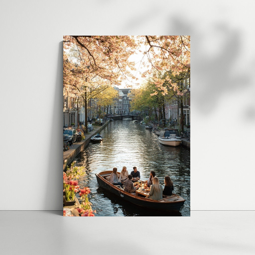 Amsterdam Canal in Spring: Blooming Trees and Boats