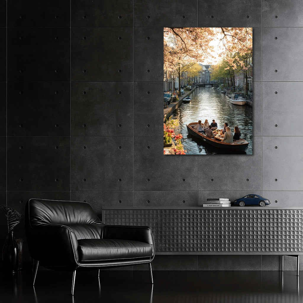 Amsterdam Canal in Spring: Blooming Trees and Boats