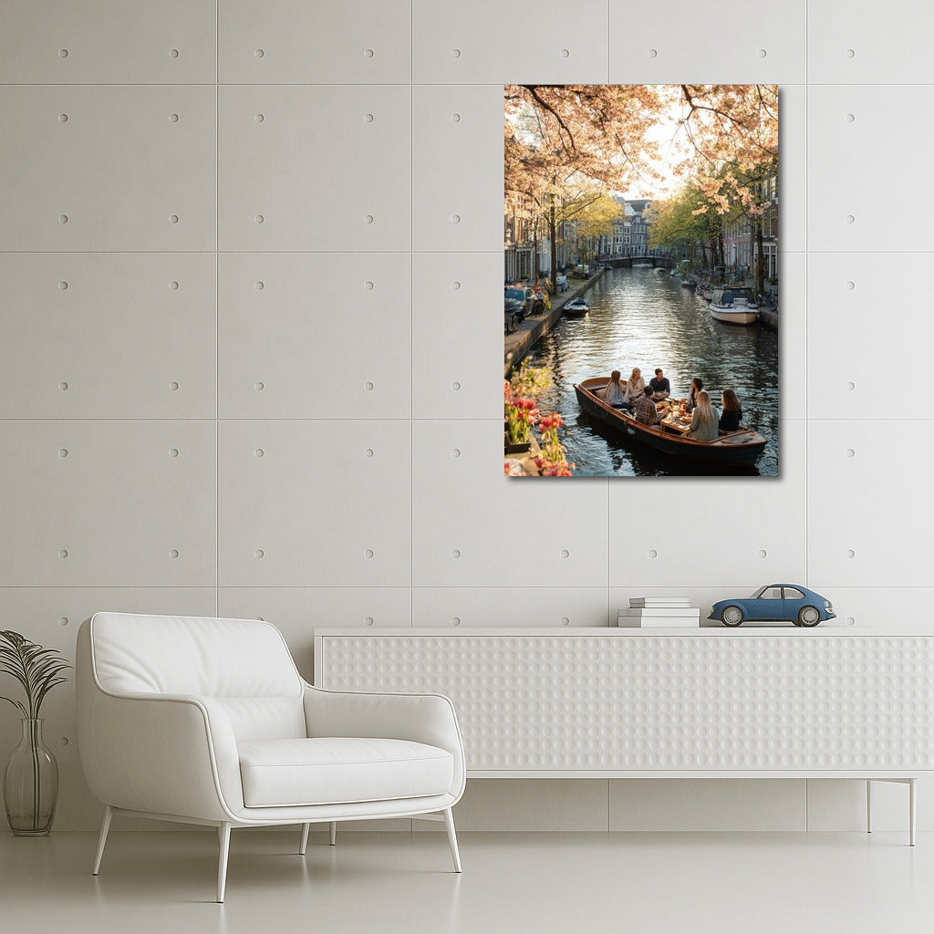 Amsterdam Canal in Spring: Blooming Trees and Boats