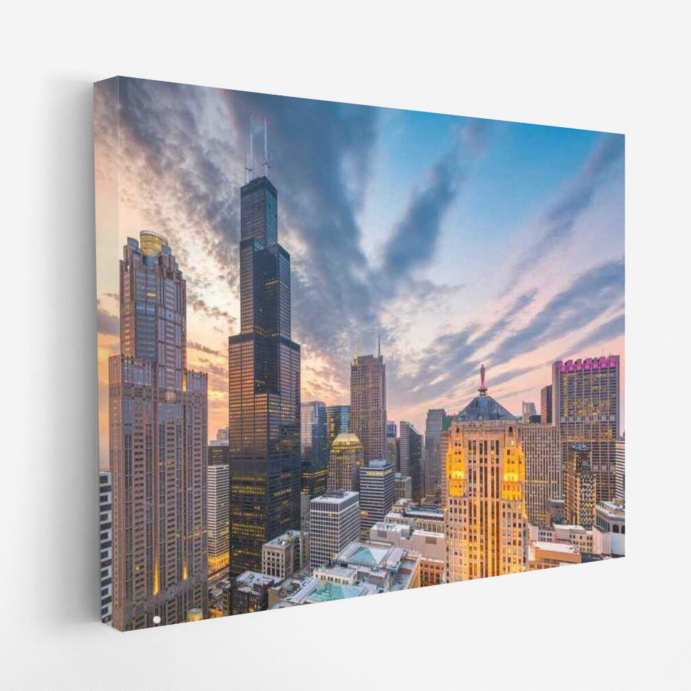 Chicago Sunset Glow: Skyscrapers and Urban Atmosphere