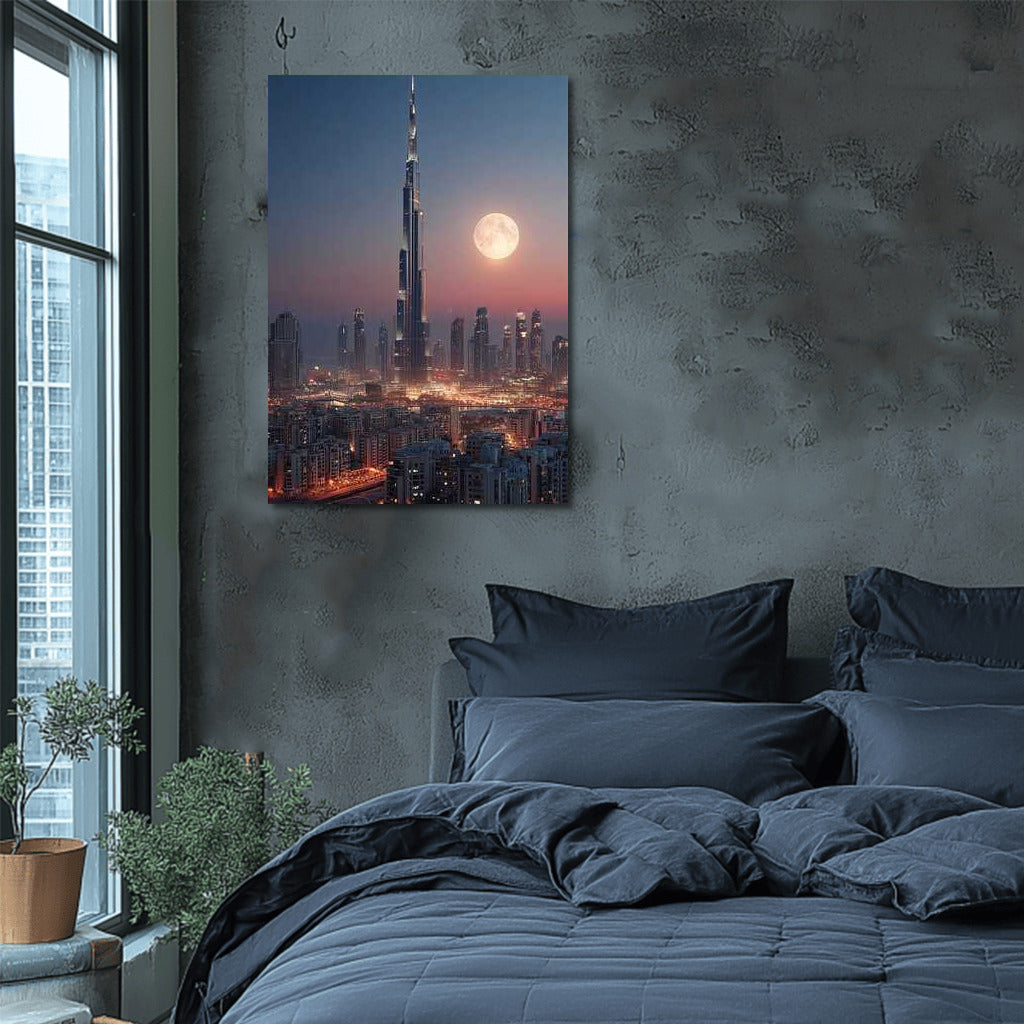 Lunar Dubai: Skyscraper Glows in the Night