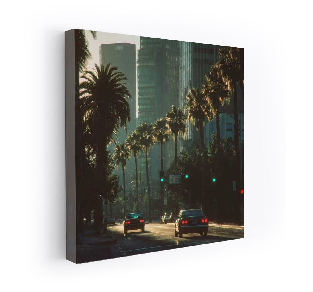 Los Angeles Sunset Glow: City Skyscrapers and Palm Trees