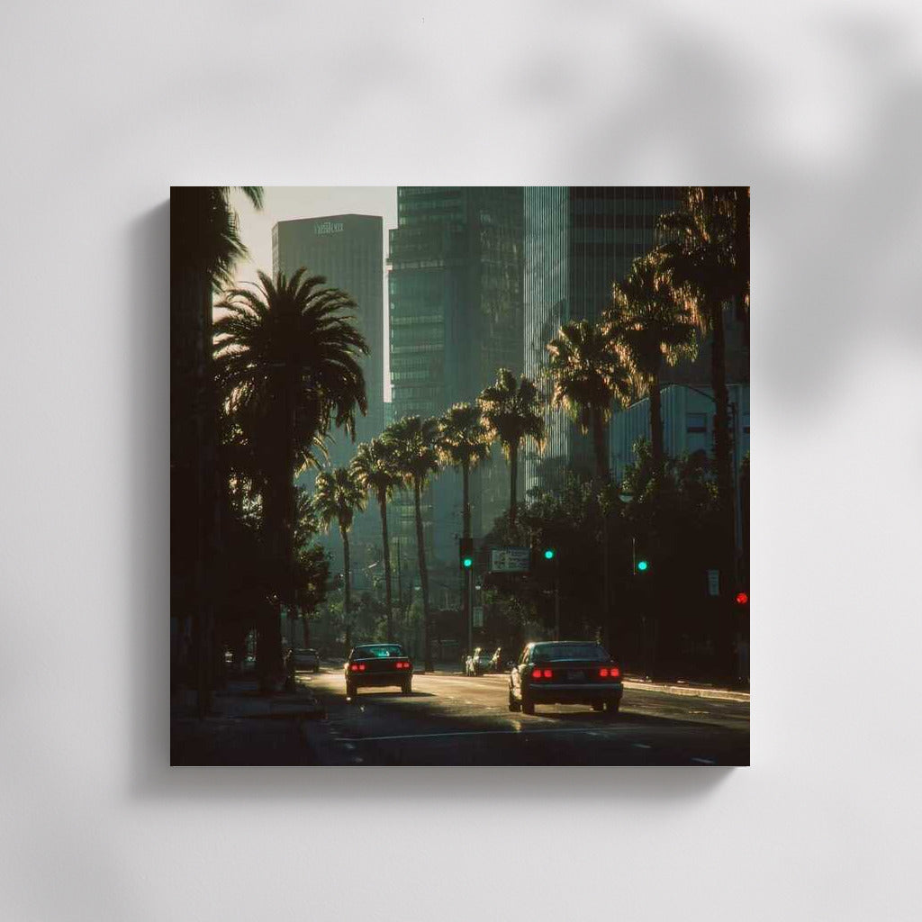 Los Angeles Sunset Glow: City Skyscrapers and Palm Trees