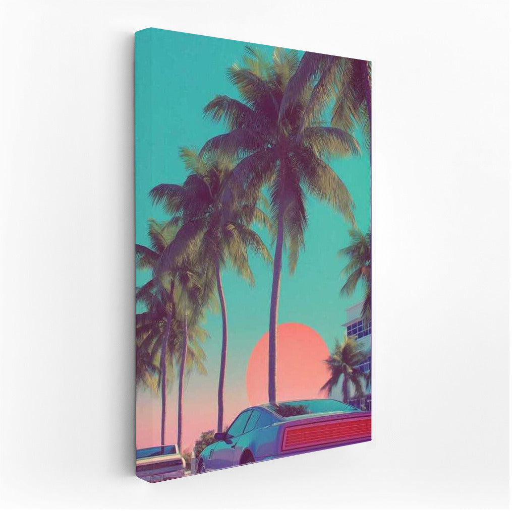 Miami's Neon Sunset: Palm Trees and Retro Cars in the Cityscape