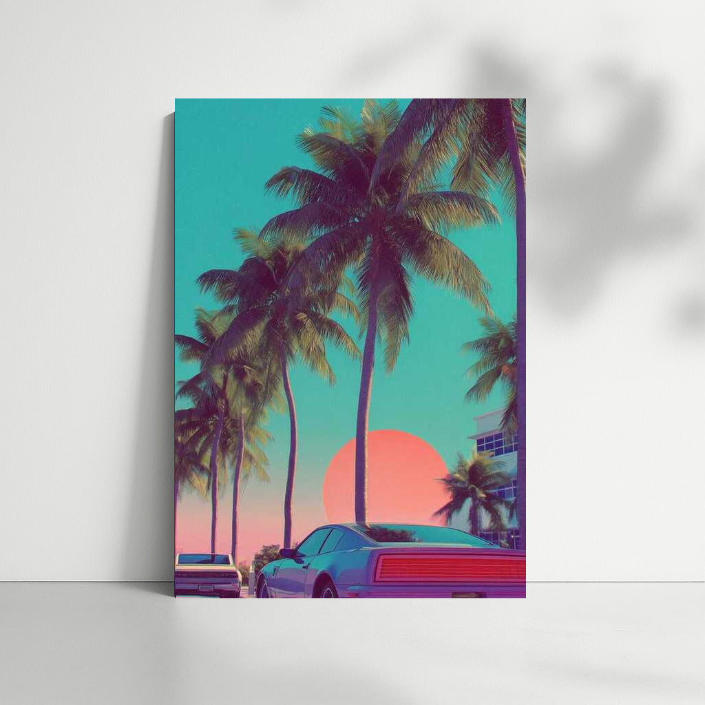 Miami's Neon Sunset: Palm Trees and Retro Cars in the Cityscape