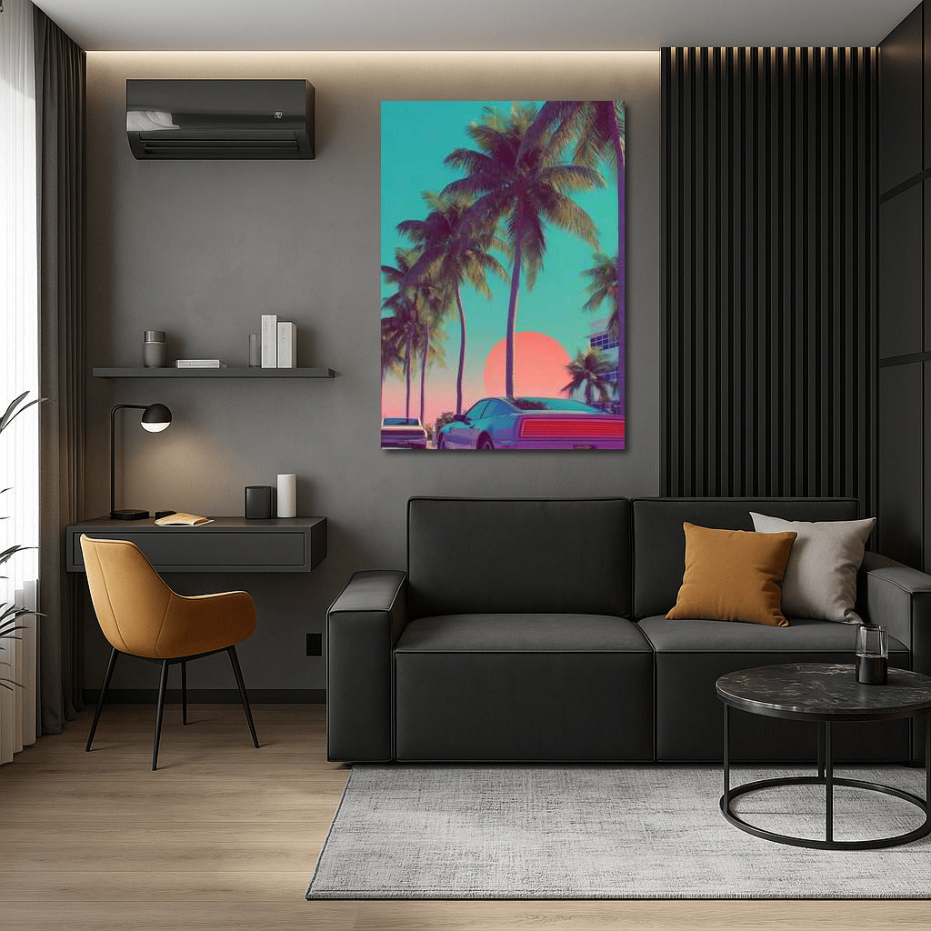 Miami's Neon Sunset: Palm Trees and Retro Cars in the Cityscape