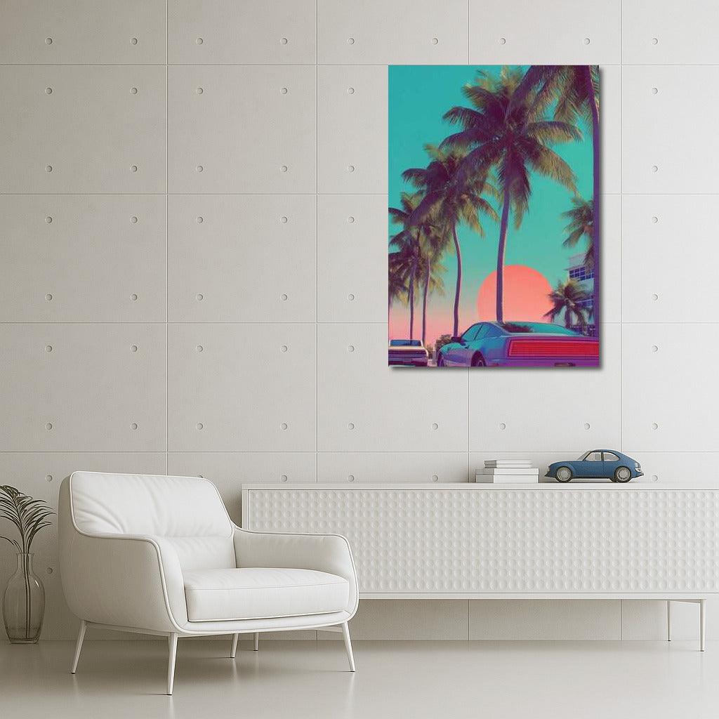 Miami's Neon Sunset: Palm Trees and Retro Cars in the Cityscape