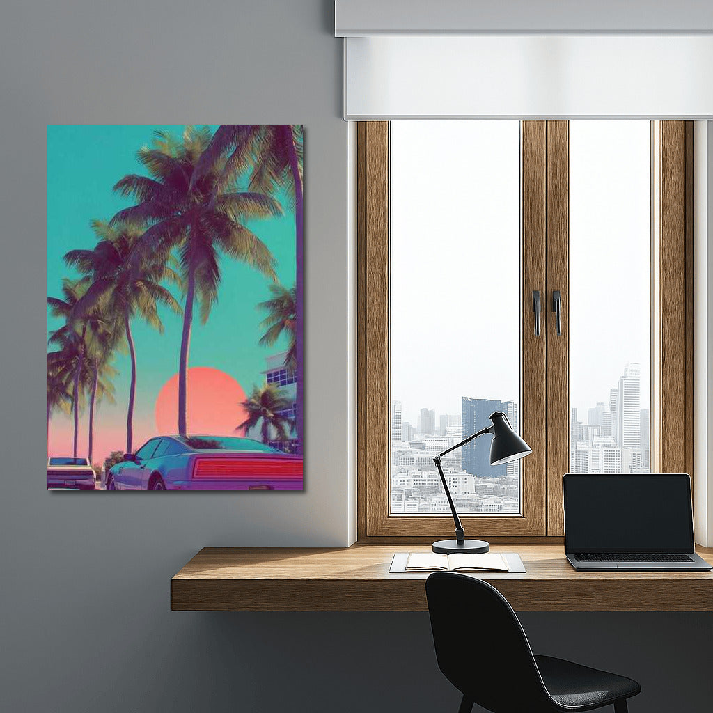 Miami's Neon Sunset: Palm Trees and Retro Cars in the Cityscape