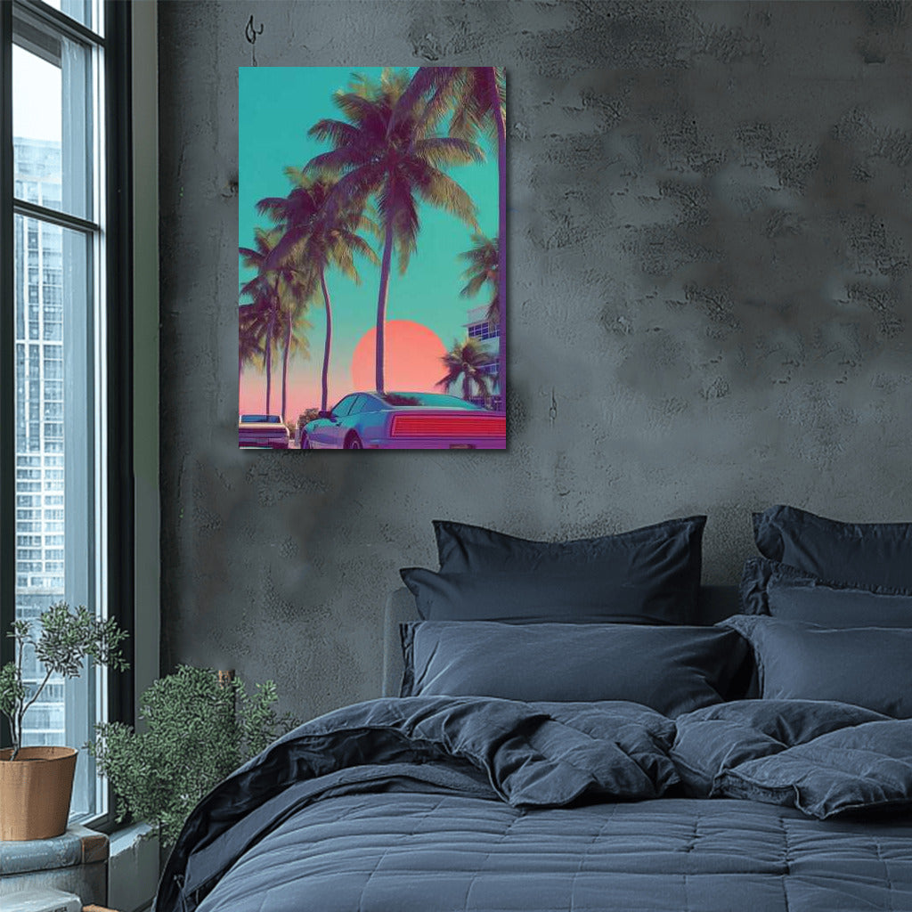 Miami's Neon Sunset: Palm Trees and Retro Cars in the Cityscape
