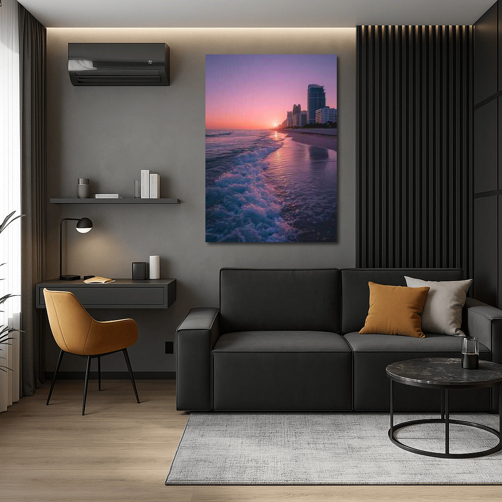 Miami Sunset Charm: Waves and Skyscrapers in Golden Light