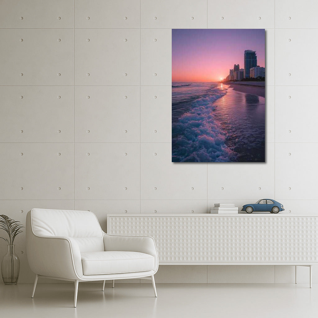 Miami Sunset Charm: Waves and Skyscrapers in Golden Light