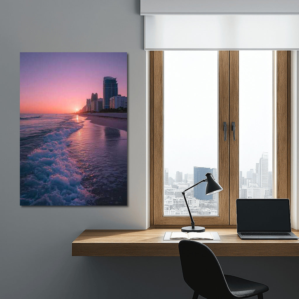 Miami Sunset Charm: Waves and Skyscrapers in Golden Light