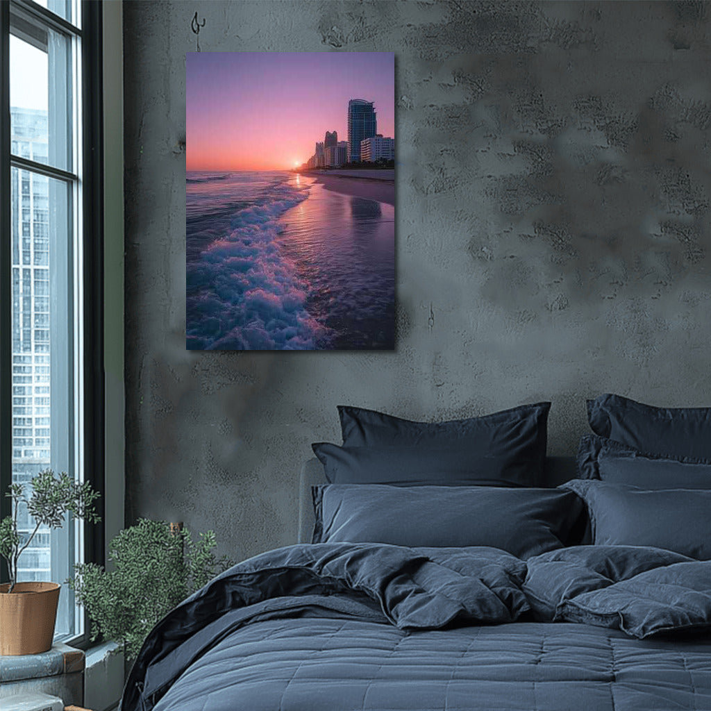Miami Sunset Charm: Waves and Skyscrapers in Golden Light