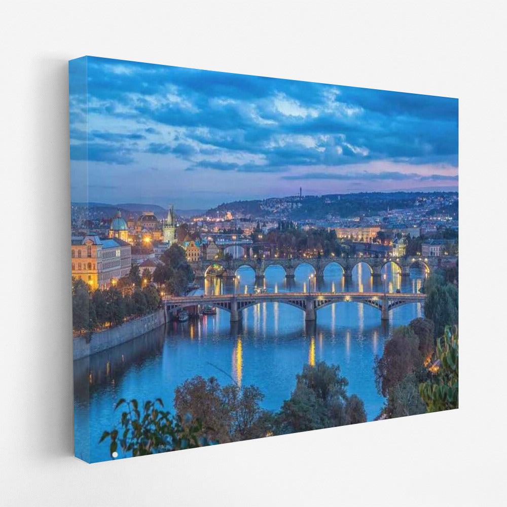 Evening Lights of Prague: Silhouettes of Bridges and Towers