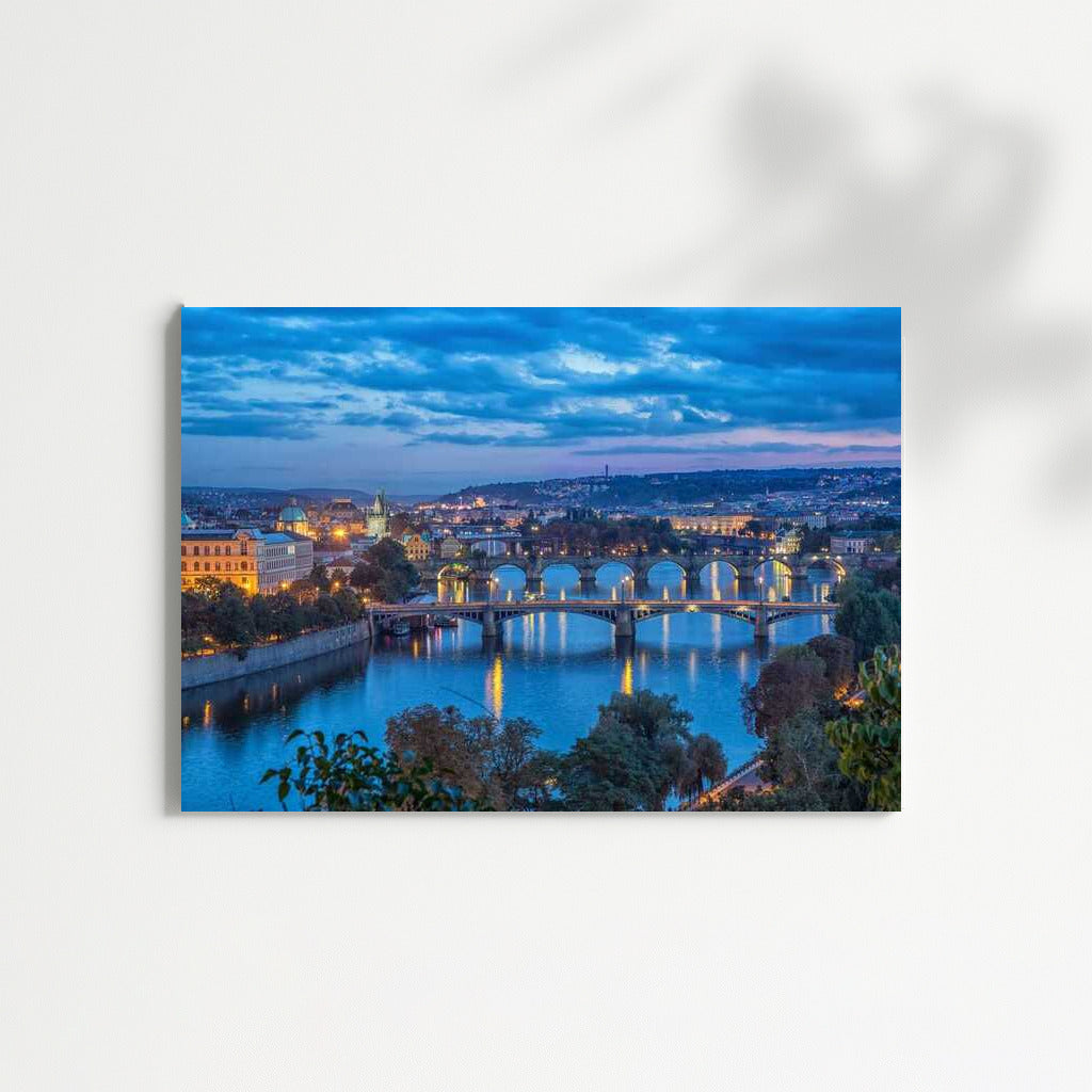 Evening Lights of Prague: Silhouettes of Bridges and Towers