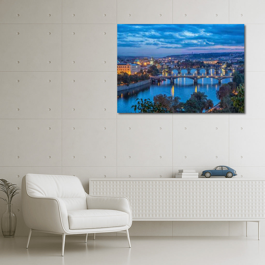 Evening Lights of Prague: Silhouettes of Bridges and Towers