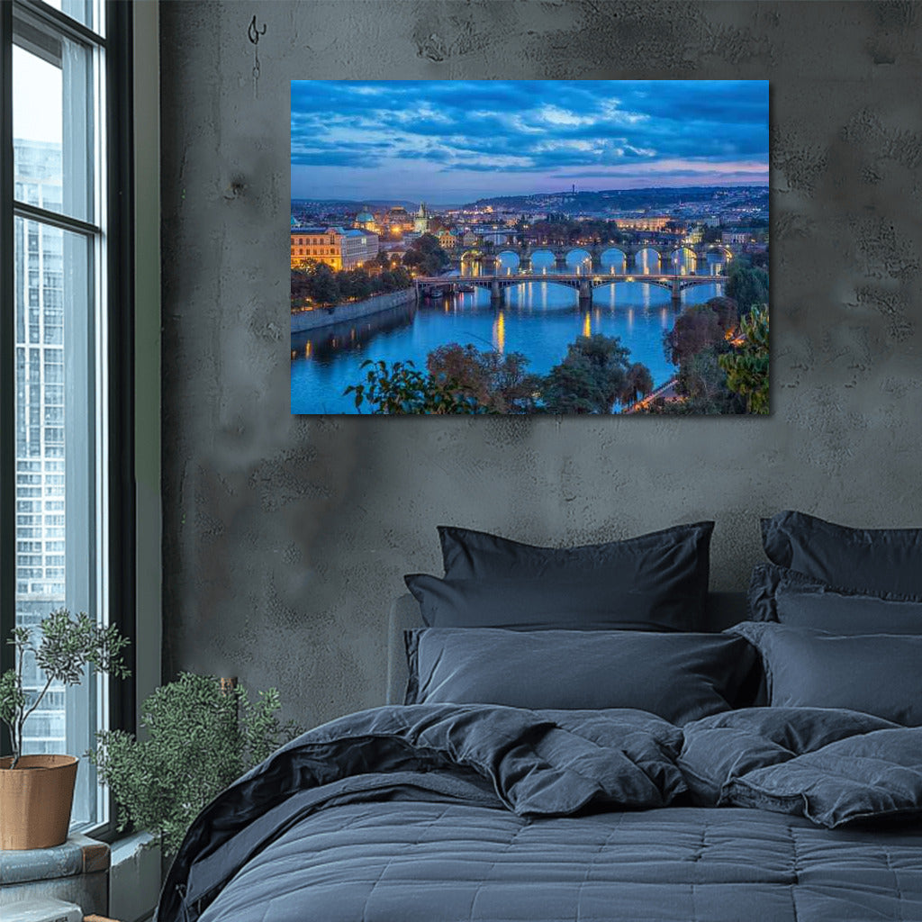 Evening Lights of Prague: Silhouettes of Bridges and Towers
