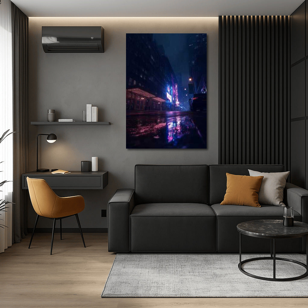 Neon Night: City Skylines and Rainy Streets