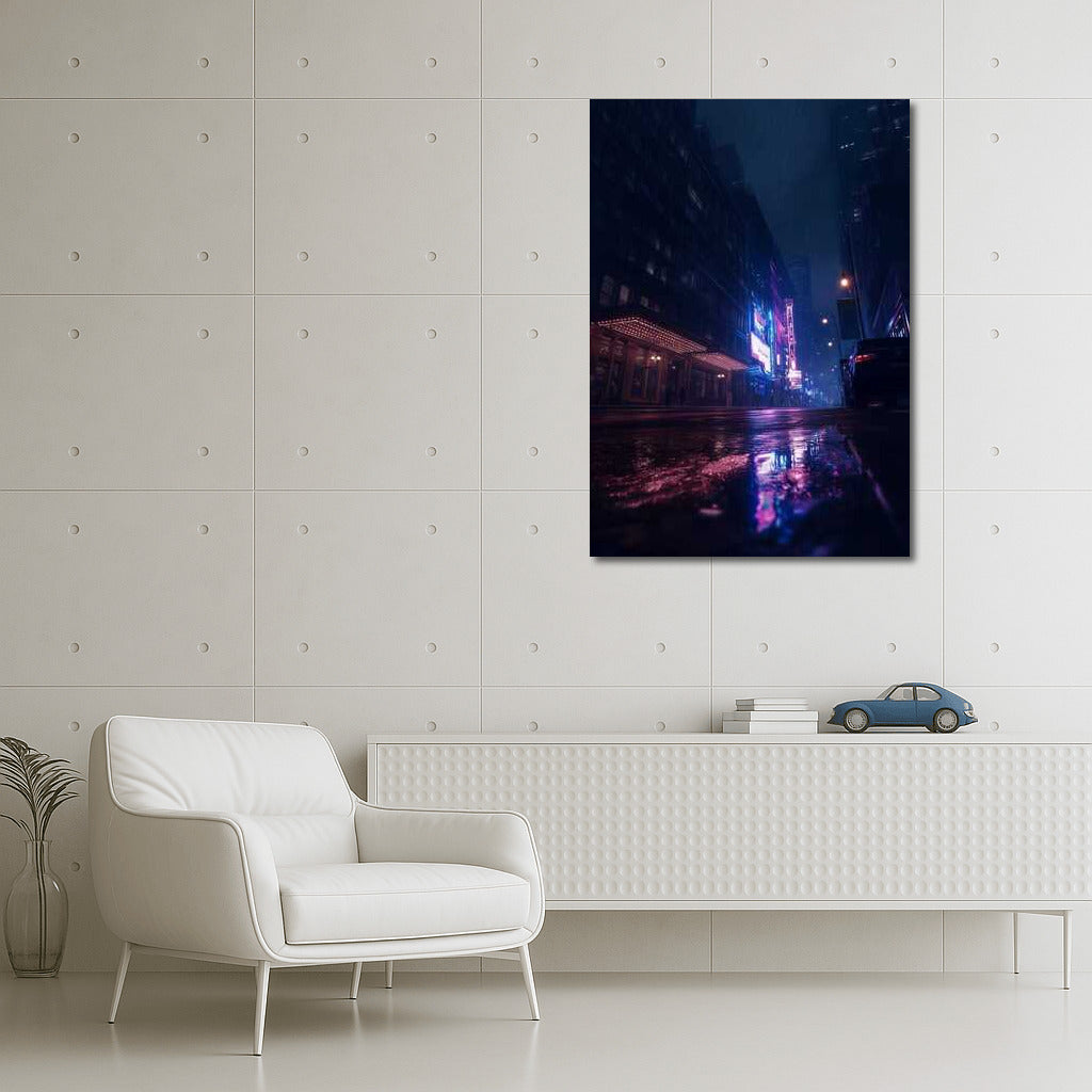 Neon Night: City Skylines and Rainy Streets