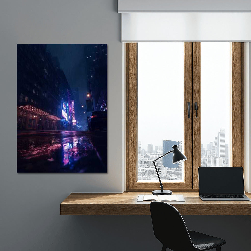 Neon Night: City Skylines and Rainy Streets