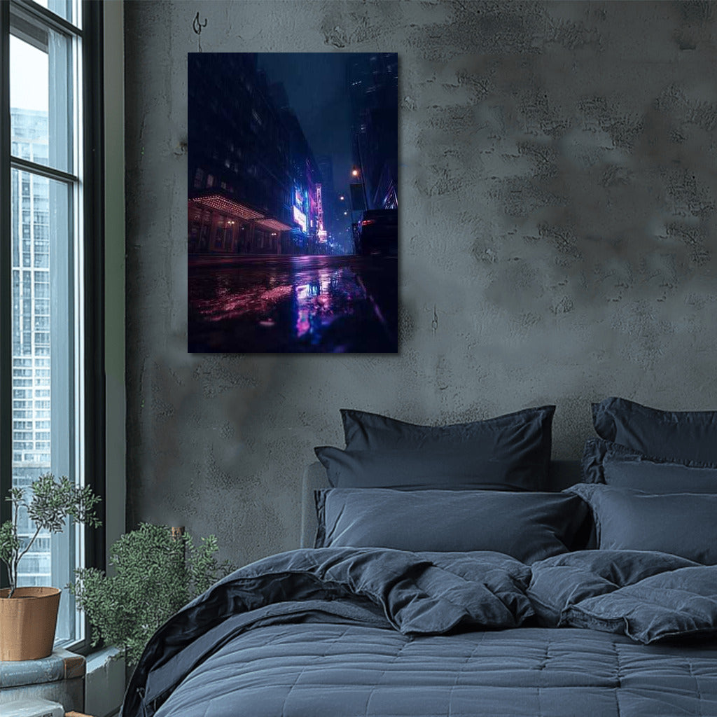 Neon Night: City Skylines and Rainy Streets